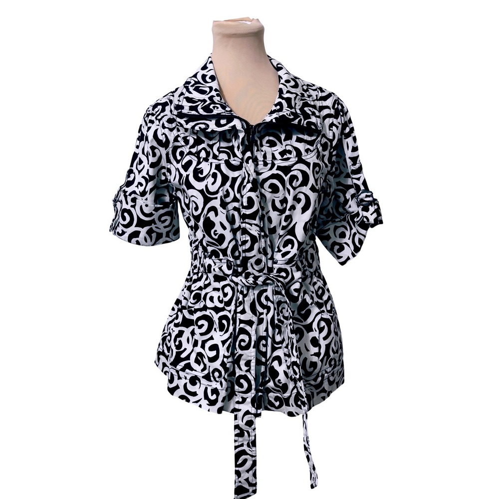Talie Women Swirl Print Belted Utility Jacket PM Black White Short Sleeve Safari